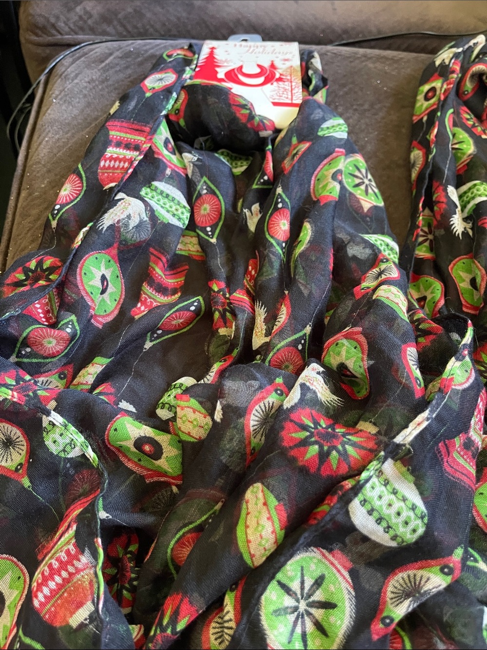 Festive Ornament Print Scarf - Black with Red & Green Accents